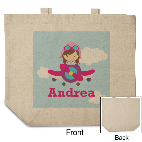 Airplane & Girl Pilot Reusable Cotton Grocery Bag - Front & Back View