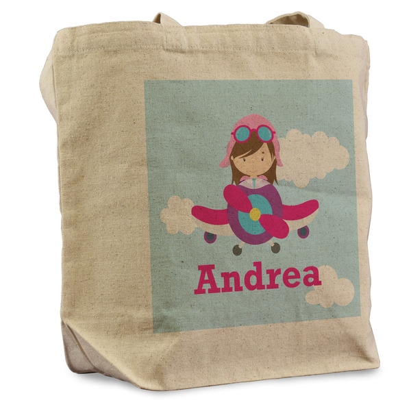 Custom Airplane & Girl Pilot Reusable Cotton Grocery Bag (Personalized)