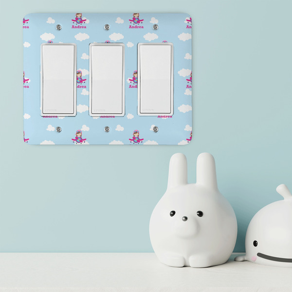 Airplane & Girl Pilot Rocker Light Switch Covers - Triple - IN CONTEXT