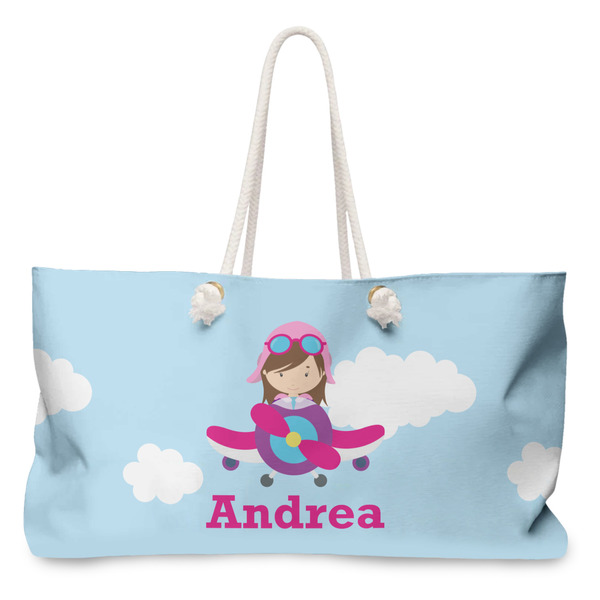 Custom Airplane & Girl Pilot Large Tote Bag with Rope Handles (Personalized)