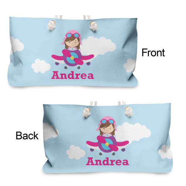 Airplane & Girl Pilot Large Rope Tote - From & Back View