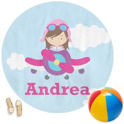Airplane & Girl Pilot Round Beach Towel (Personalized)