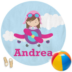 Airplane & Girl Pilot Round Beach Towel (Personalized)