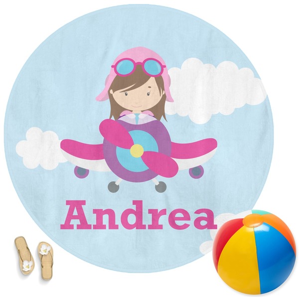 Custom Airplane & Girl Pilot Round Beach Towel (Personalized)