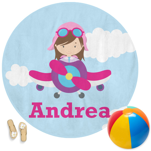 Custom Airplane & Girl Pilot Round Beach Towel (Personalized)