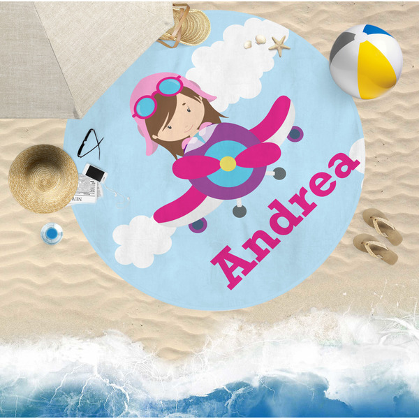 Airplane & Girl Pilot Round Beach Towel Lifestyle