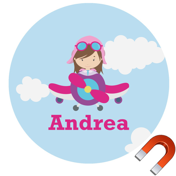 Custom Airplane & Girl Pilot Round Car Magnet - 6" (Personalized)