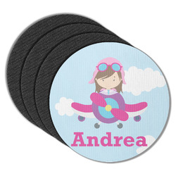 Airplane & Girl Pilot Round Rubber Backed Coasters - Set of 4 (Personalized)