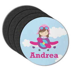 Airplane & Girl Pilot Round Rubber Backed Coasters - Set of 4 (Personalized)