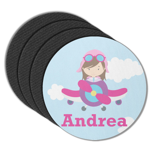 Custom Airplane & Girl Pilot Round Rubber Backed Coasters - Set of 4 (Personalized)