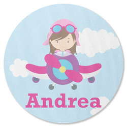 Airplane & Girl Pilot Round Rubber Backed Coaster (Personalized)