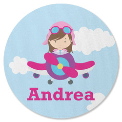 Airplane & Girl Pilot Round Rubber Backed Coaster (Personalized)