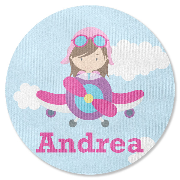 Custom Airplane & Girl Pilot Round Rubber Backed Coaster (Personalized)