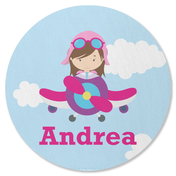 Custom Airplane & Girl Pilot Round Rubber Backed Coaster (Personalized)