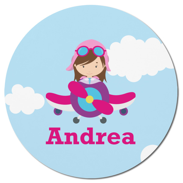 Airplane & Girl Pilot Round Fridge Magnet - FRONT