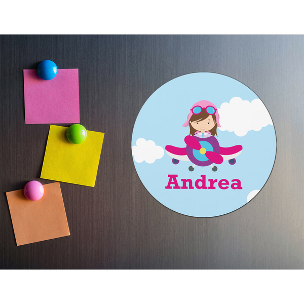 Airplane & Girl Pilot Round Fridge Magnet - LIFESTYLE
