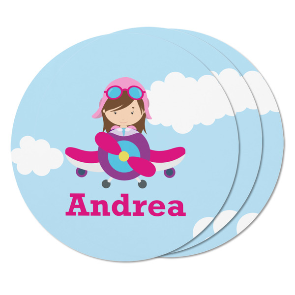 Airplane & Girl Pilot Round Fridge Magnet - THREE