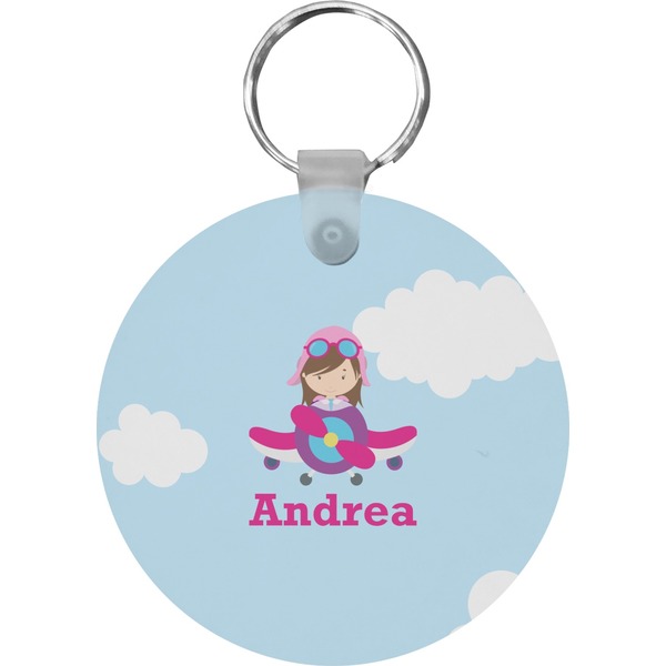 Airplane & Girl Pilot Round Keychain (Personalized)