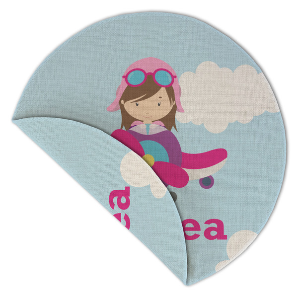 Airplane & Girl Pilot Round Linen Placemats - Front (folded corner double sided)