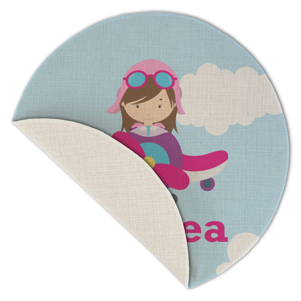 Airplane & Girl Pilot Round Linen Placemats - Front (folded corner single sided)