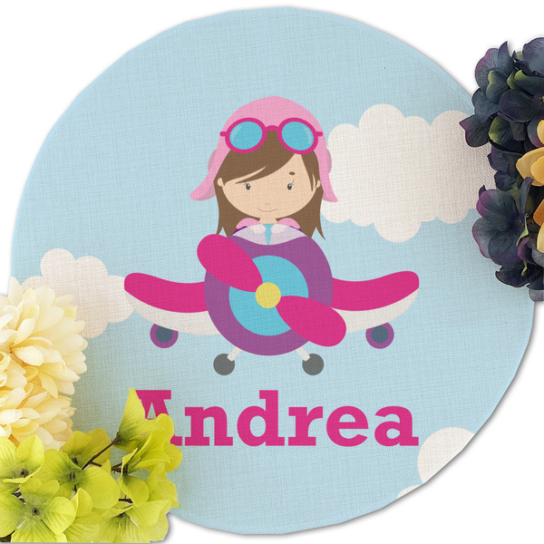 Airplane & Girl Pilot Round Linen Placemats - Front (w flowers)