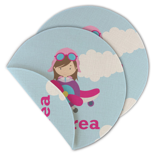 Custom Airplane & Girl Pilot Round Linen Placemat - Double Sided (Personalized)