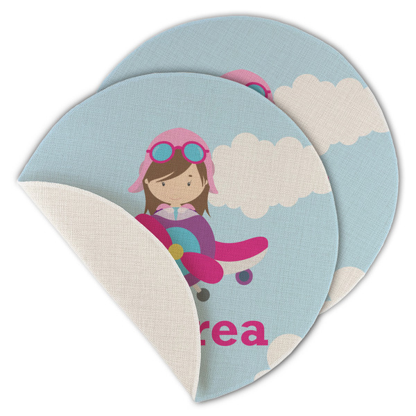 Custom Airplane & Girl Pilot Round Linen Placemat - Single Sided - Set of 4 (Personalized)