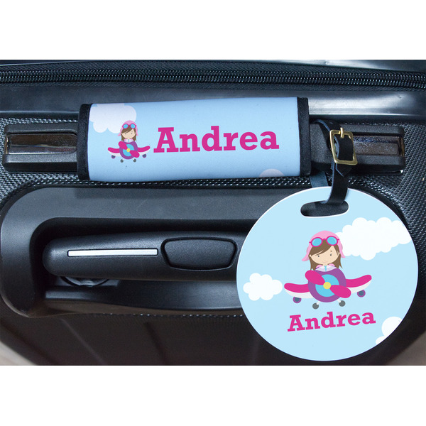 Airplane & Girl Pilot Round Luggage Tag & Handle Wrap - In Context
