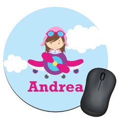 Airplane & Girl Pilot Round Mouse Pad (Personalized)