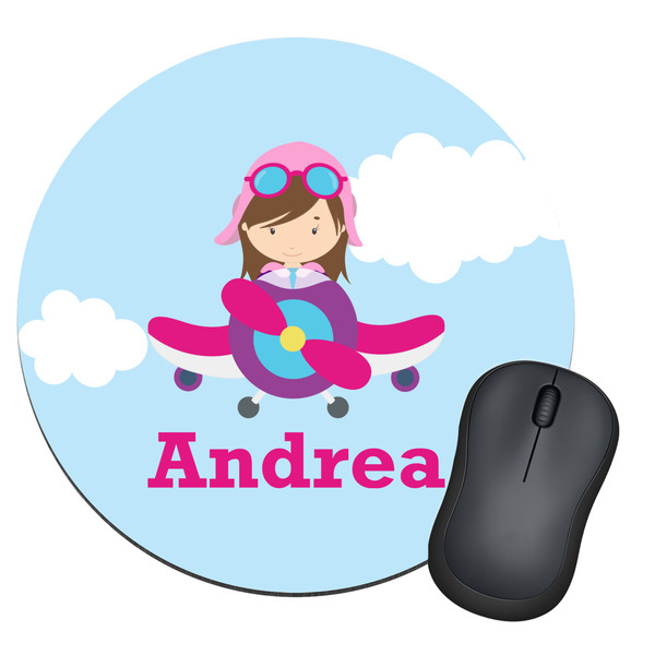 Custom Airplane & Girl Pilot Round Mouse Pad (Personalized)