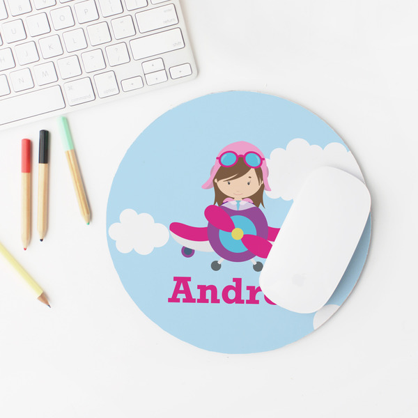 Airplane & Girl Pilot Round Mousepad - LIFESTYLE 2