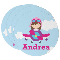 Airplane & Girl Pilot Round Paper Coasters w/ Name or Text