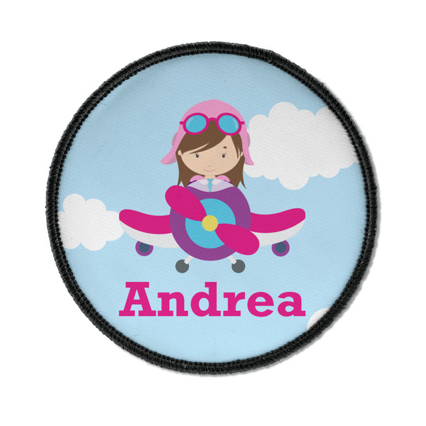 Custom Airplane & Girl Pilot Iron On Round Patch w/ Name or Text