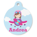 Airplane & Girl Pilot Round Pet ID Tag - Large (Personalized)