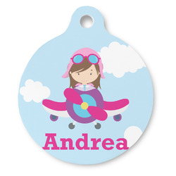 Airplane & Girl Pilot Round Pet ID Tag - Large (Personalized)