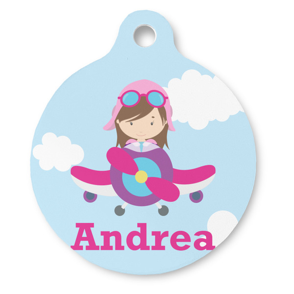 Custom Airplane & Girl Pilot Round Pet ID Tag (Personalized)