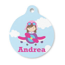 Airplane & Girl Pilot Round Pet ID Tag - Small (Personalized)