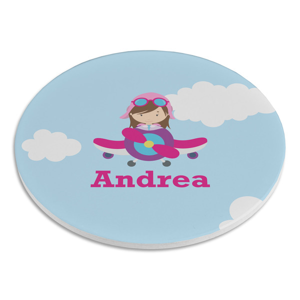 Airplane & Girl Pilot Round Stone Trivet - Angle View