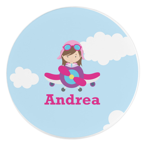 Custom Airplane & Girl Pilot Round Stone Trivet (Personalized)