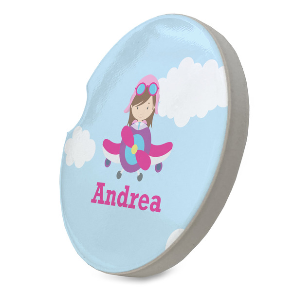 Airplane & Girl Pilot Sandstone Car Coaster - STANDING ANGLE