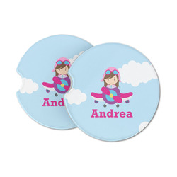 Airplane & Girl Pilot Sandstone Car Coasters (Personalized)
