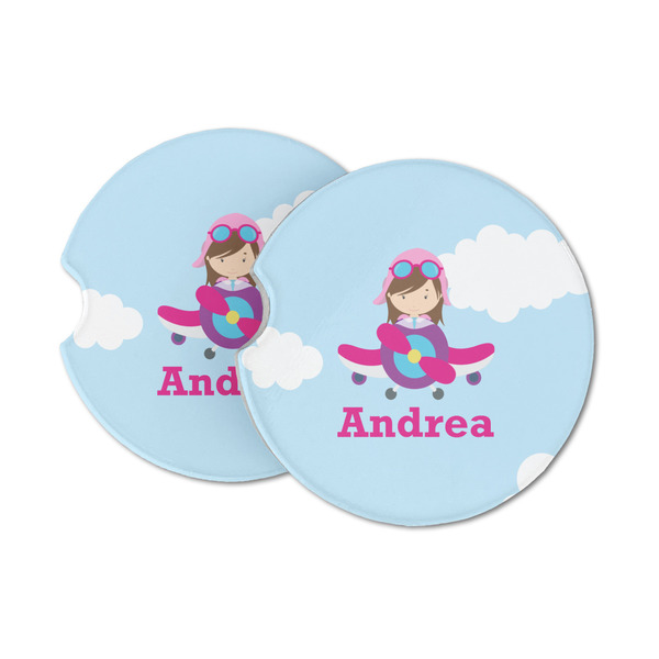Custom Airplane & Girl Pilot Sandstone Car Coasters - Set of 2 (Personalized)
