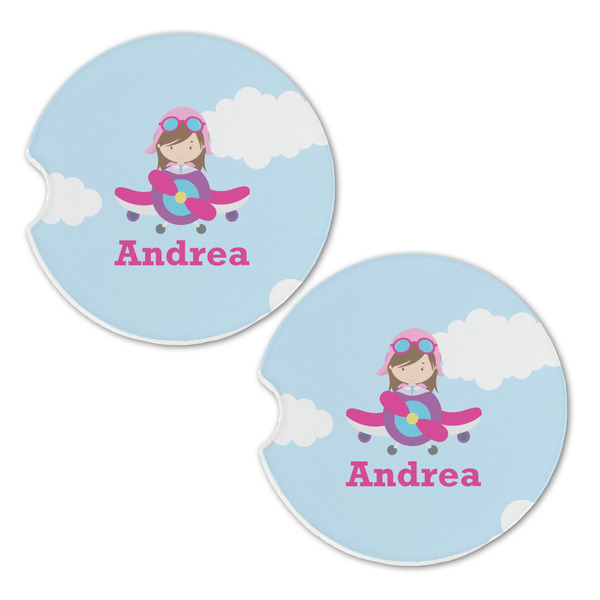 Airplane & Girl Pilot Sandstone Car Coasters - Set of 2