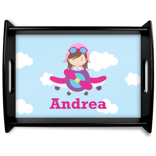 Custom Airplane & Girl Pilot Black Wooden Tray - Large (Personalized)