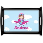 Airplane & Girl Pilot Black Wooden Tray - Small (Personalized)