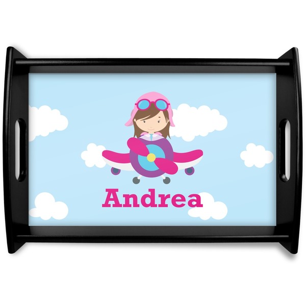 Custom Airplane & Girl Pilot Black Wooden Tray - Small (Personalized)