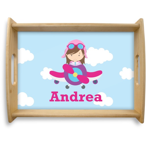 Custom Airplane & Girl Pilot Natural Wooden Tray - Large (Personalized)