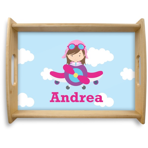 Custom Airplane & Girl Pilot Natural Wooden Tray - Large (Personalized)