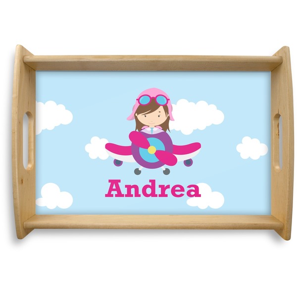 Custom Airplane & Girl Pilot Natural Wooden Tray - Small (Personalized)