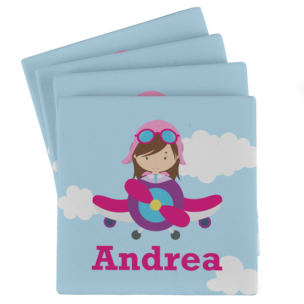 Custom Airplane & Girl Pilot Absorbent Stone Coasters - Set of 4 (Personalized)